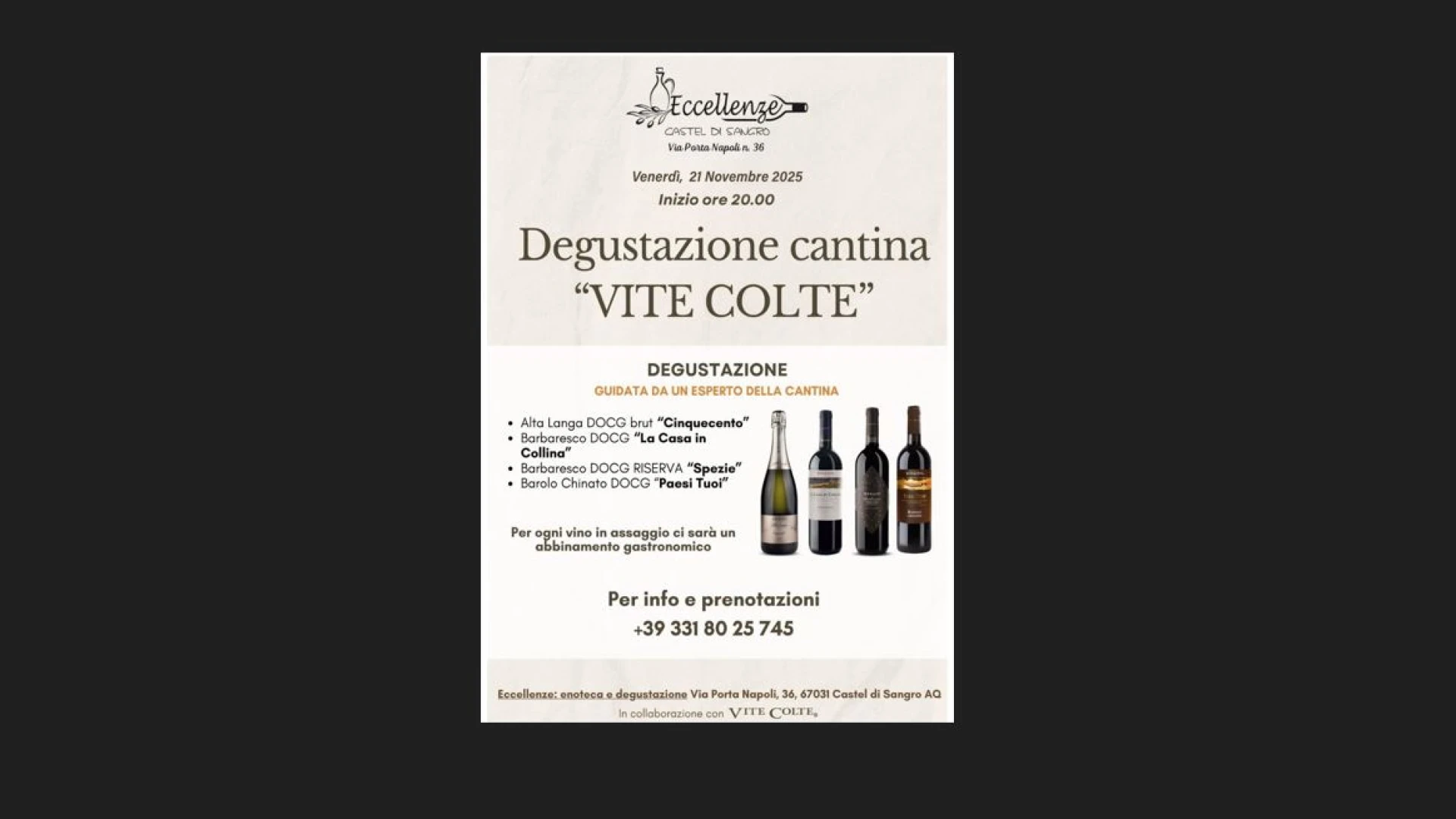 Castel Di Sangro: da Eccellenze enoteca e degustazione serata in compagnia della rinomata cantina “Vite Colte”. Appuntamento venerdì 21 novembre.